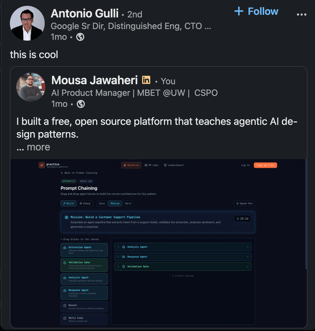 Antonio Gulli, Google Sr Director and author of Agentic Design Patterns, commenting 'this is cool' on the launch post for learnagenticpatterns.com